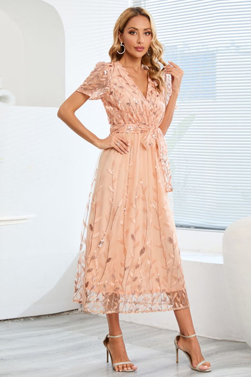 sequin-leaf-embroidery-tie-front-short-sleeve-dress Sophia's Trends - Sophia's Style--